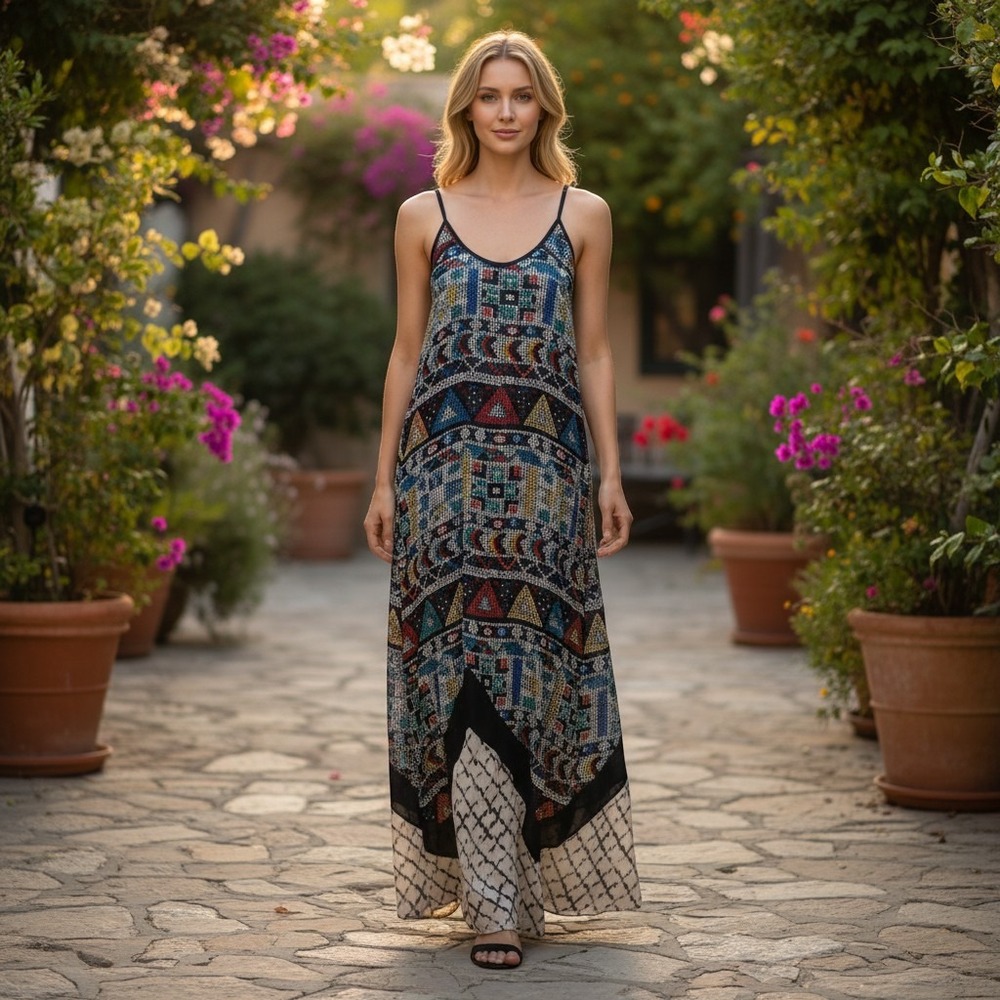 Silence + Noise Urban‎ Outfitters Maxi Dress Womens XS Black Geometric Boho